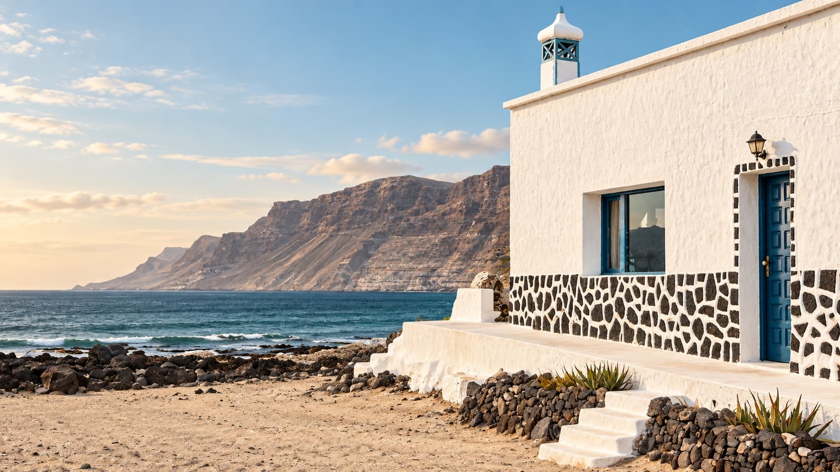 Casa encalada con zócalo de piedra volcánica frente al mar, con el risco de Famara al fondo.